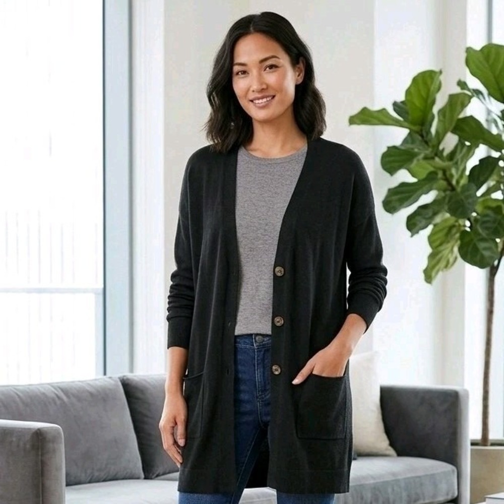 J JILL Cardigan Sweater Large Tall Black Cotton Rayon Duster V Neck Pockets